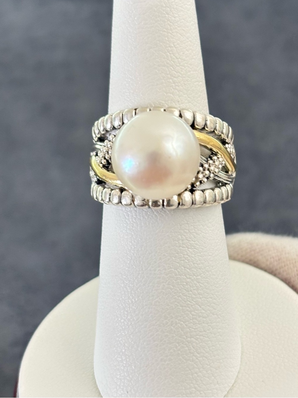 LAGOS Caviar 925 & 18k Gold Luna Crossover Pearl Ring 7